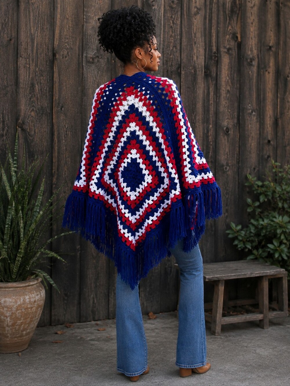 Tribal Bae Handmade Crochet Poncho Shawl Fringe Boho Granny Square